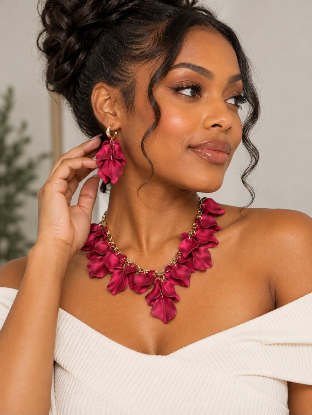 Gold-Tone Necklace with Red Petal Charms - Statement Floral Look